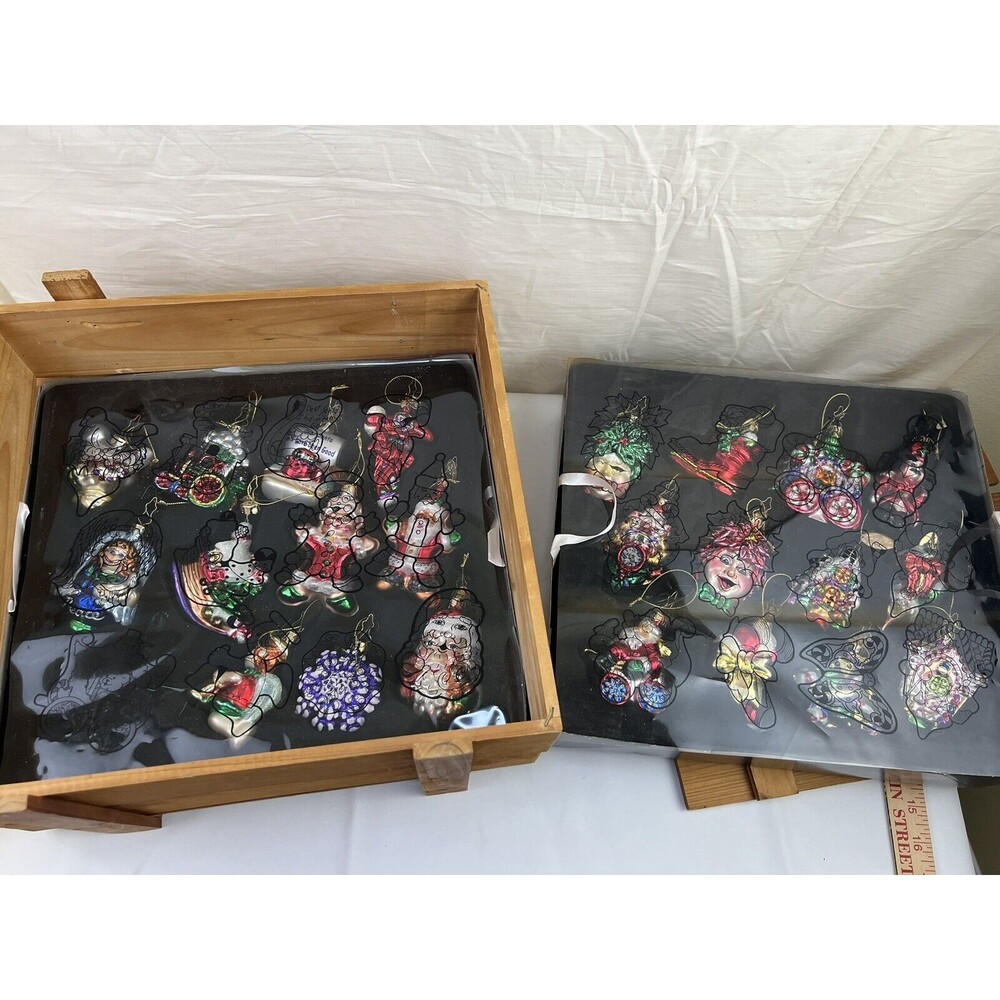 Vtg 2003 Wood Box Ltd Ed 23/24 Mark Klaus Blown‎ Art Glass Christmas Ornaments